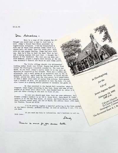 Letter From J.D. McClatchy to Adrienne Rich Regarding the Funeral of James Merrill