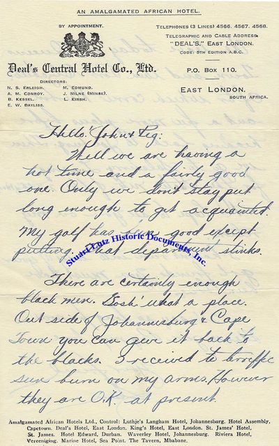 Sam Snead Writes From South Africa: My Golf Has Been Good Except Putting.  That Department Stinks