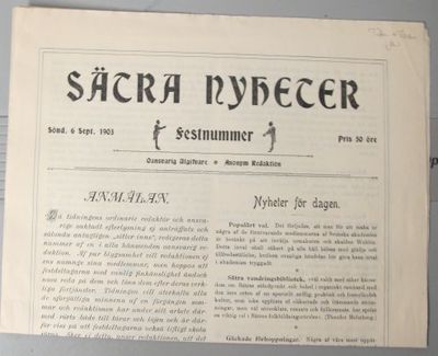 Sätra nyheter. Festnummer. Sönd. 6 sept. 1903.