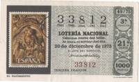 Loteria E00308: hoja nº 22. Loteria Nacional. Nº 33812, serie 21ª, fracción 3ª, precio 1000 pesetas, sorteo 49/75 del 20 de Diciembre de 1975. El Nacimiento