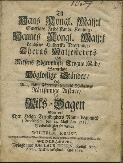 Til hans kongl. maij:t Sweriges fridälskande…