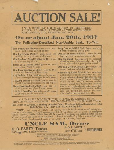 AUCTION / I WILL OFFER FOR SALE TO THE HIGHEST BIDDER, AT THE WHITE HOUSE… WASHINGTON, D. C., at 10:00 O'CLOCK ON / WEDNESDAY, JANUARY 20, 1937