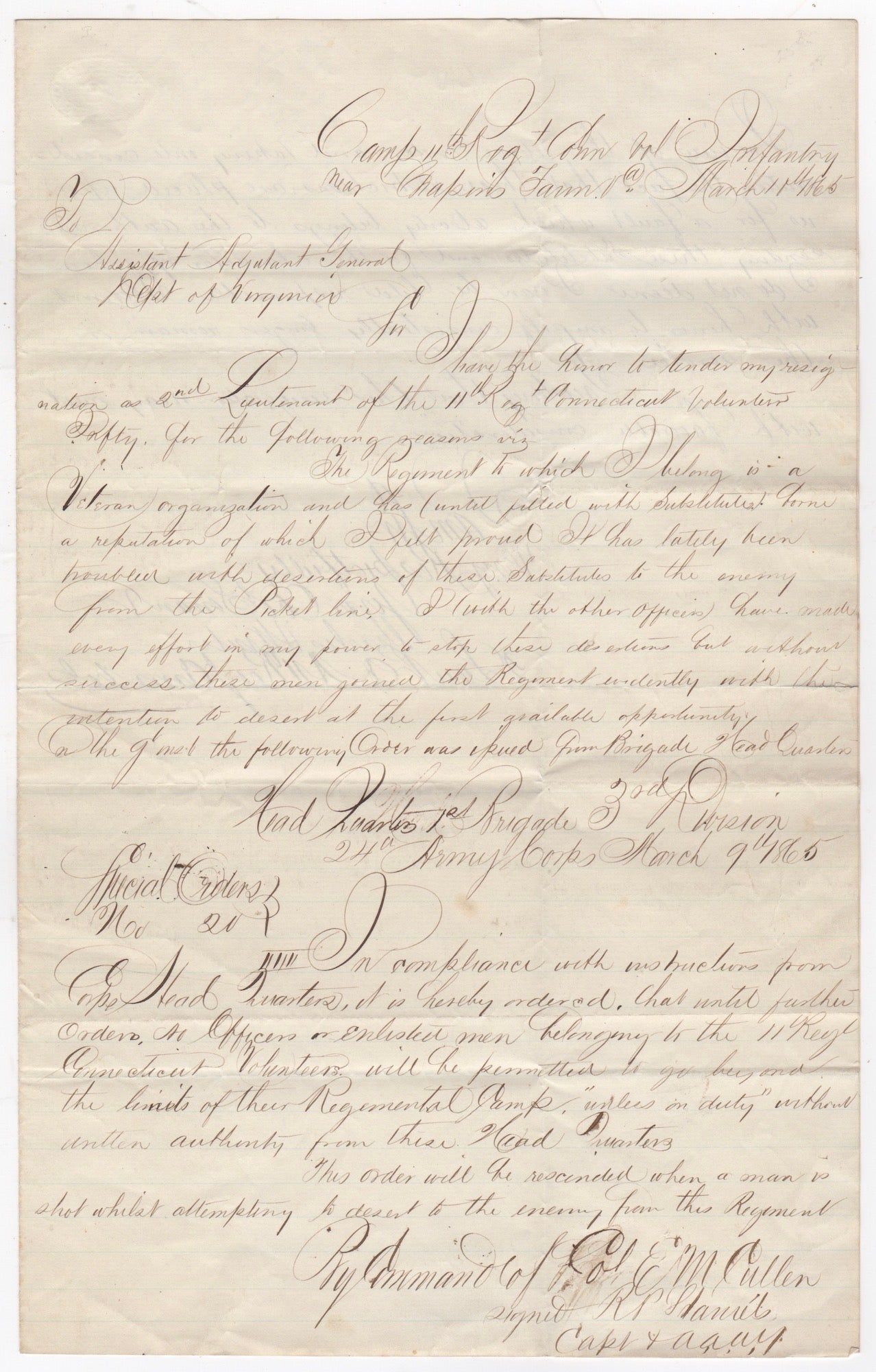 [Manuscript Resignation and Transmission of Orders