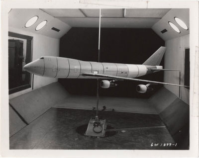 Archive of 46 original vernacular photographs of a model airliner in wind tunnel tests