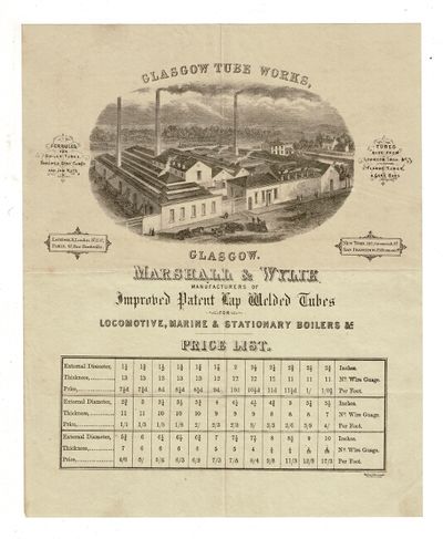 Glasgow Tool Works, Glasgow. Marshall & Wylie manufacturers of improved patent cap welded tubes for locomotive, marine & stationary boilers &c. Price list