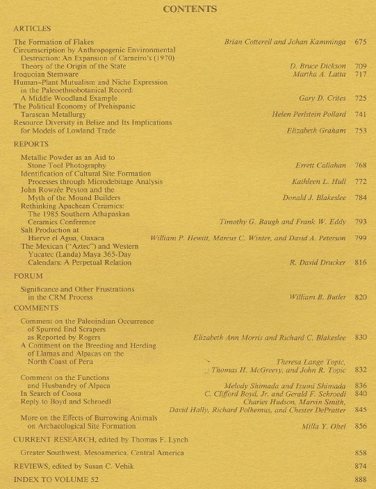 American Antiquity, Journal of the Society for American Archaeology Volume 52, Number 4