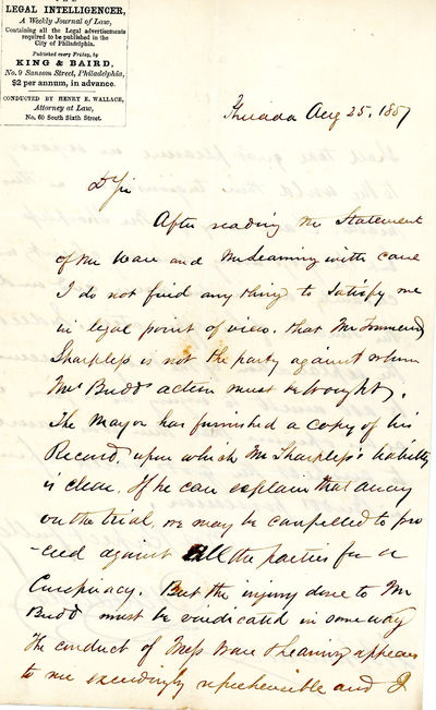Autograph Letter Signed, on Stationery of the Legal Intelligencer, Philadelphia, August 25, 1857, to J. B. Townsend