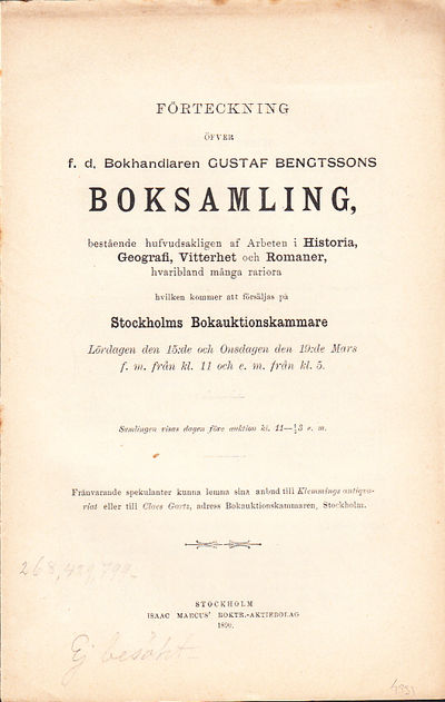 Förteckning öfver f.d. Bokhandlaren Gustaf…