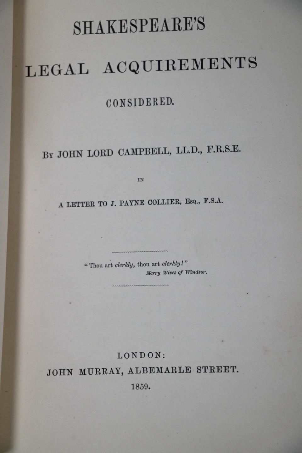 Shakespeare's Legal Acquirements Considered by John Lord Campbell - 1st ...