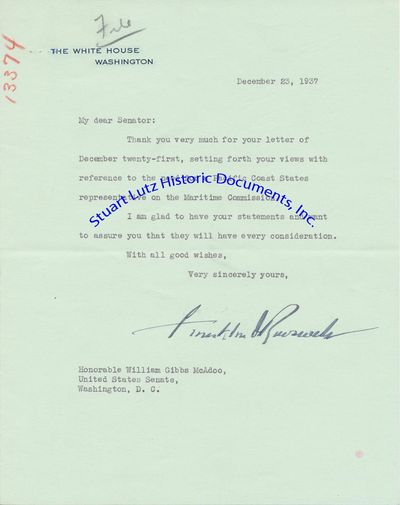 President Franklin Roosevelt Responds To Senator McAdoos Views On The Newly-Formed United States Maritime Commission