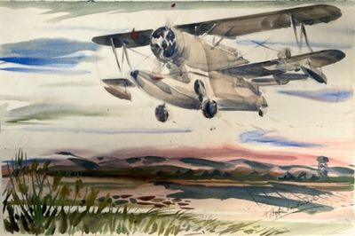 Original watercolor of a Grumman J2F "Duck" search & rescue seaplane at Guadalcanal