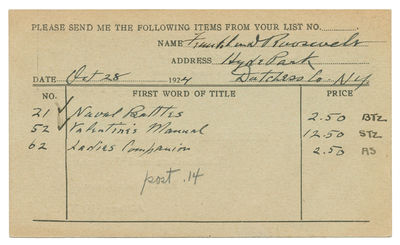 Franklin Roosevelt Orders Books on Naval Battles, New York, and Ladies