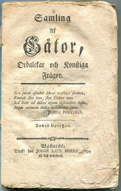 Samling af gåtor, ordalekar och konstiga frågor.…