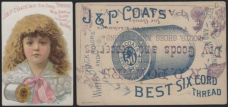 VICTORIAN TRADE CARD FOR J. P. COATS' THREAD WITH LOVELY GIRL IN BLUE WITH PINK BOW