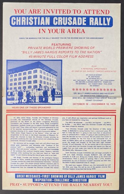 Tulsa, OK: Christian Crusade, 1975. 11x17.7 inch poster, folded for mailing, address label on rear, ...