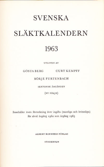 Svenska släktkalendern 1963. Utg. av Gösta Berg,…