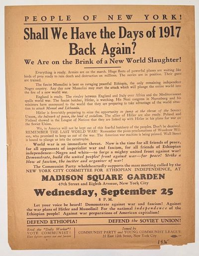 People of New York! Shall we have the days of 1917 back again? We are on the brink of a New World Slaughter! [handbill]