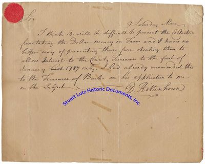 David Rittenhouse Writes To John Nicholson About Tax Dodgers: I Know Of No Better Way Of Preventing Them From Cheating Than To Allow Interst To The County Treasurer