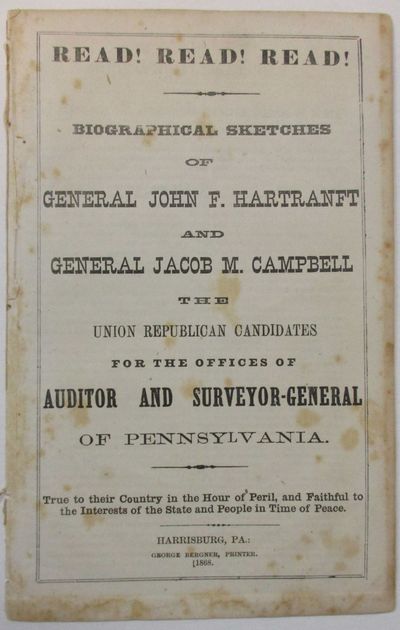 Harrisburg, Pa.: George Bergner, Printer., 1868. 16pp, disbound and stitched, printed in double colu...