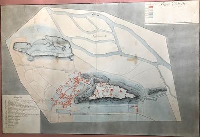 Watercolor ground plan (drawn to scale) of the cantonment of French troops in the Italian town of Osoppo and its fortress in the late 18th century