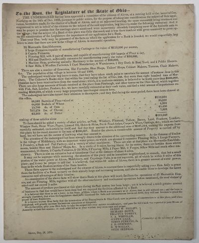 TO THE HON. THE LEGISLATURE OF THE STATE OF OHIO-- THE UNDERSIGNED HAVING BEEN APPOINTED A COMMITTEE OF THE CITIZENS OF AKRON, AT A MEETING HELD AT THE HOUSE OF GEN. NORTHROP ON THE 14TH OF DEC. 1835...FOR THE PURPOSE OF TAKING INTO CONSIDERATION THE SUBJECT OF THEIR APPLICATION, HERETOFORE MADE, FOR THE CHARTER OF A BANK AT AKRON..