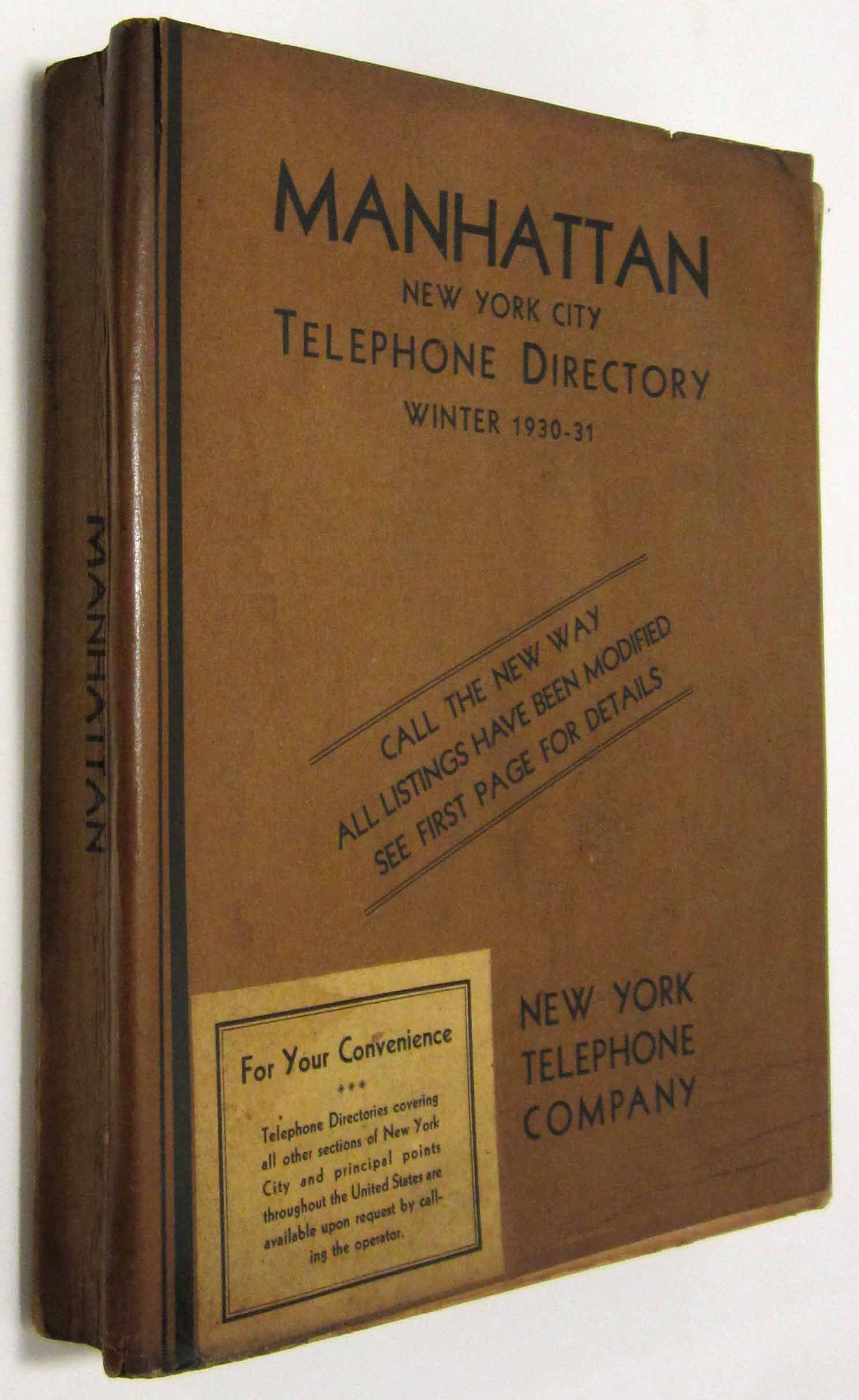 MANHATTAN NEW YORK CITY TELEPHONE DIRECTORY WINTER 193031 by New York