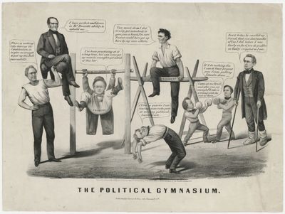 Scarce, iconic, & fantastic Abraham Lincoln lithograph cartoon,?The Political Gymnasium