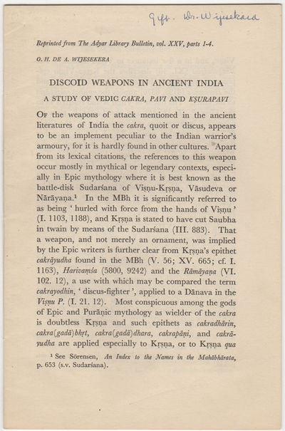 Discoid Weapons in Ancient India. A Study of Vedic Cakra, Pavi and Ksurapavi," [Reprinted from] The Adyar Library Bulletin, vol. XXV, parts 1-4
