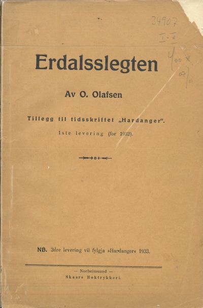 Erdalsslegten av (...). Utgjeve av Hardanger…