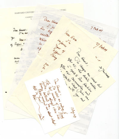 Collection of 12 autograph letters dating from January 2008 to June 2009 discussing a number of the composer's own works including the Friday Evening Service, the Torah Service, O To Be a Dragon, 2 Psalms, etc., all to the award-winning American choral conductor Harold Rosenbaum