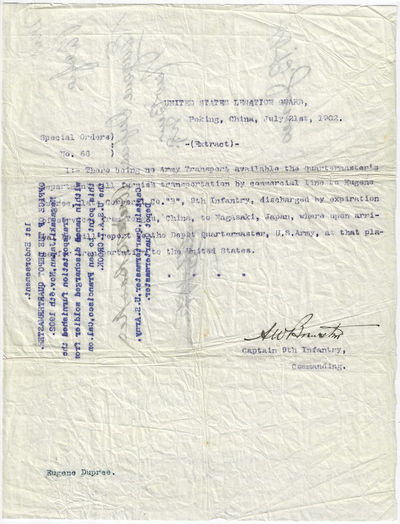1902 - Special Orders directing that transportation be arranged for Corporal Eugene Dupree, who had fought at the Battle of Tientsin, to return to the United States via Japan following the completion of his enlistment