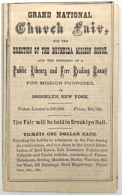 Brooklyn Charity Swindle -- Dubious 1872 Charity Event Flyer for "Grand National Church Fair, for the Erection of the Bethesda Mission House
