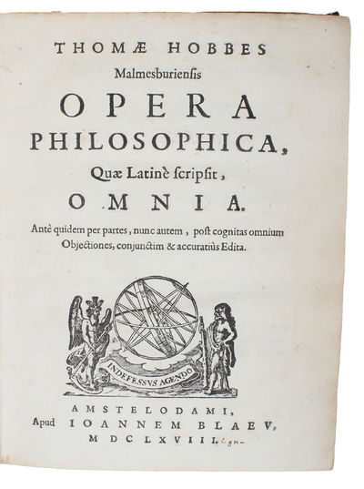 Opera Philosophica, Quae Latinè scripsit, Omnia. Antè quidem per partes, nunc autem, post cognitas omnium Objectiones, conjunctim & accuratiùs Edita. [8 parts]. [Including "leviathan" for the first time in Latin]. - [CONTAINING THE EDITIO PRINCEPS OF THE LATIN TRANSLATION OF "LEVIATHAN"] (photo 3)
