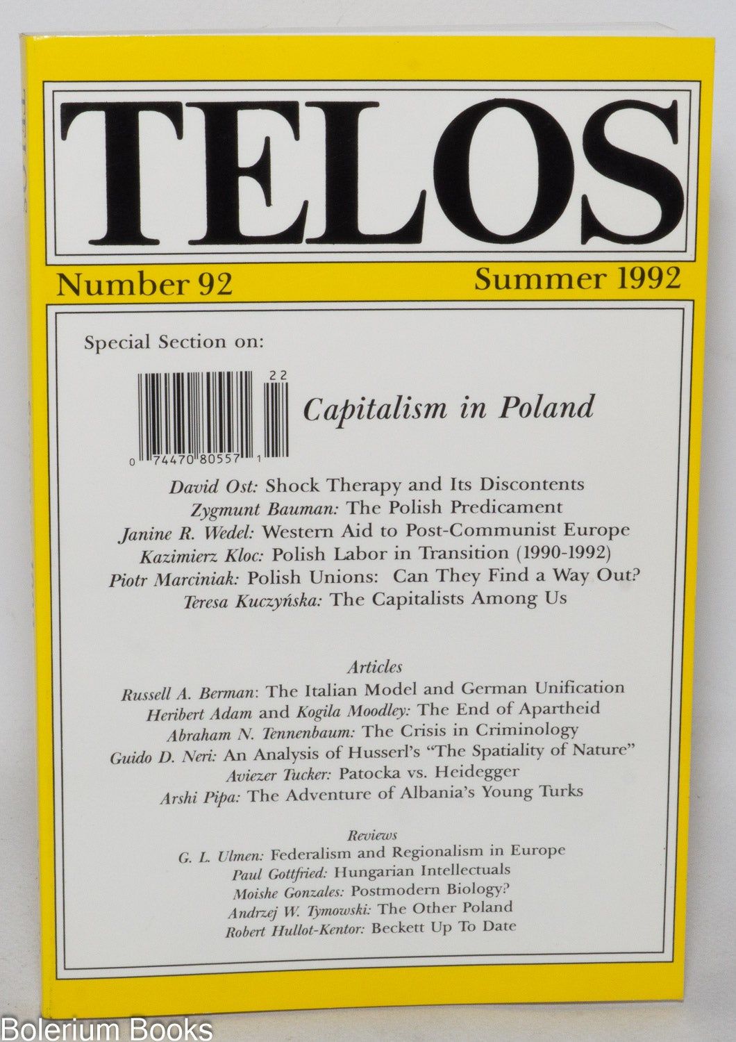Telos Journal Telos: A Quarterly Journal of Critical Thought; No. 92, Summer 1992 by ...