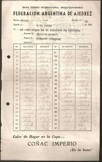 1960 Gran Torneo Internacional Sequicentenario Federacio Argentina de Ajedrez Wolfgang Uhlmann and Robert James Fischer (score sheet) by Uhlmann, Wolfgang (1935- ) and Robert James Fischer (1943-2008) signed - 1960