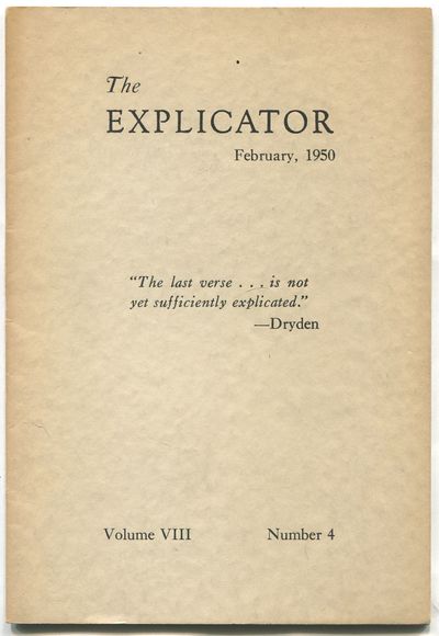 The Explicator, 1950. Softcover. Near Fine. Single issue. pp. Stapled wrappers. Wrappers lightly age...