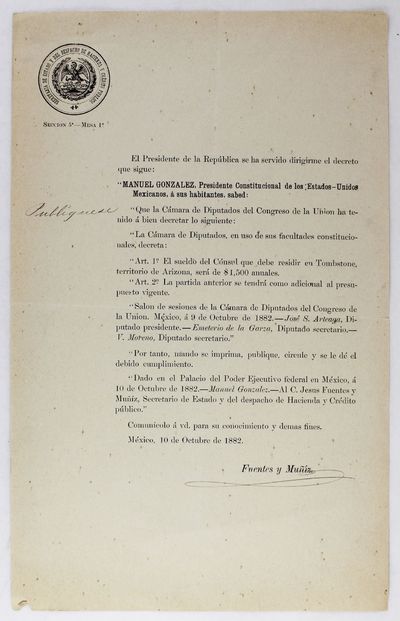 Secretaria de Estado y del Despacho de Hacienda y Credito Publico Seccion 5a – Mesa 1a.… El Presidente de la Republica se ha Servido Dirigirme el Decreto que Sigue… [caption title and first lines of text]