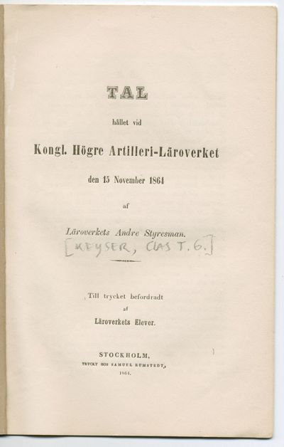 Tal hållet vid kongl. högre artilleri-läroverket…