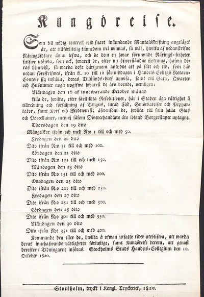 Kungörelse. [Incipit:] Som till nödig controll…