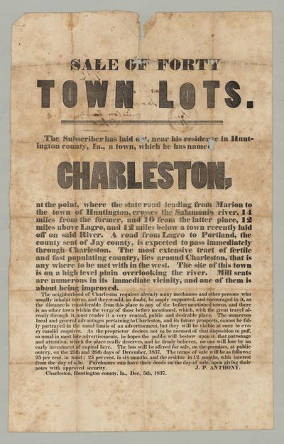Sale of Forty Town Lots. The Subscriber has laid out, near his residence in Huntington county, Ia. [Indiana], a town, which he has named Charleston
