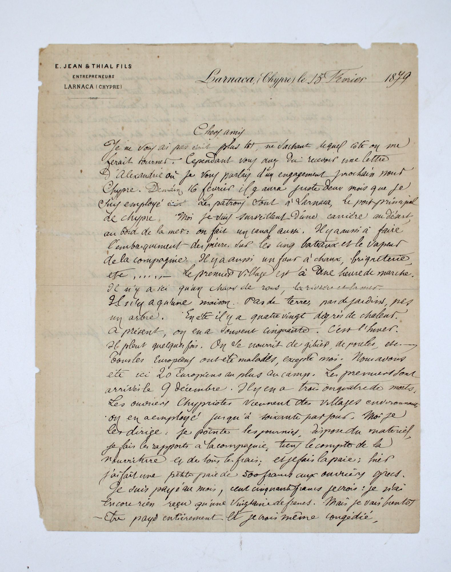 Autograph Letter, signed, to his family from Larnaca (Chypre), 15 ...