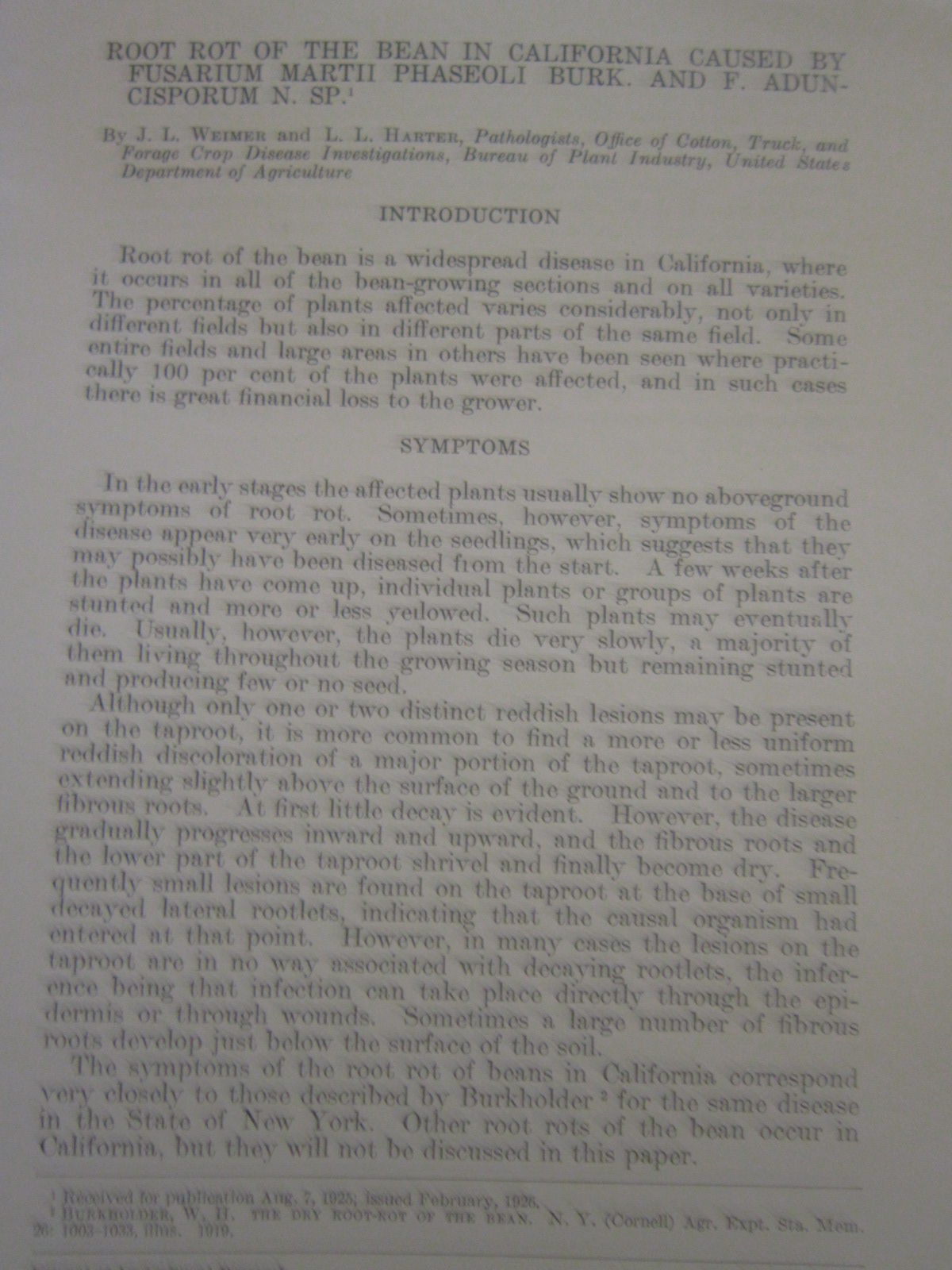 Root Rot Of The Bean In California Caused By Fusarium Marth Phaseoli Burk And F Aduncisporum N Sp By J L And L L Harter Weimer Paperback 1st Edition
