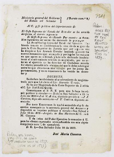 Ministerio General del Gobierno del Estado del Salvador. (Decreto Num. 8) Al C. Gefe Politico del Departamento de... [caption title]