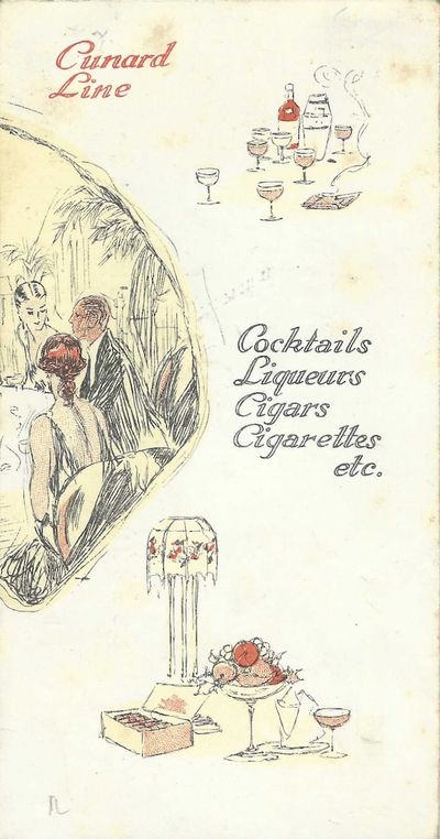 England: Cunard Line, 1932. Tri-fold, card-stock menu (15 x 8 cm.), pages. Illustrated, and signed 