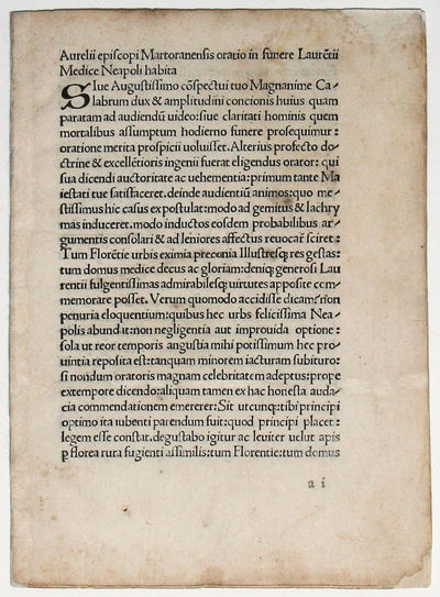 SOLE SURVIVING CONTEMPORARY<br> FUNERAL ORATION FOR LORENZO DE MEDICI? <br><br>Oratio in funere Laurentii de Medicis habita