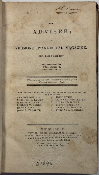 THE ADVISER; OR VERMONT EVANGELICAL MAGAZINE, FOR THE YEAR 1809. VOLUME I.