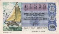 Loteria E00443. hoja nº 31. Loteria Nacional. Nº 01528, serie 5ª, fracción 7ª, precio 500 pesetas, sorteo 36/78 del 16 de Septiembre de 1978. Navegación a Vela