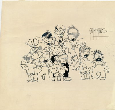 ORIGINAL ART SIGNED. Pen and ink Sketch of eight characters from "Bringing Up Father" with Snookums drawn in pencil peeping in from the right, 8 x 9 inch card stock unevenly cut. Signed, "From Geo. McManus." Some soiling, tape on verso from prior mounting and pencil docketing "circa 1933