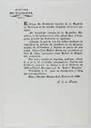 Secretaria de Hacienda... "El Presidente Interino de la Republica Mexicana, a los Habitantes de Ella Sabed: Que el Congreso General Ha Decretado Lo Siguiente. Durante la Guerra con los Indios Barbaros Se Expendera la Polvora de Cazadores en los Departamentos de Chihuahua y Sonora..." [caption title and part of text]