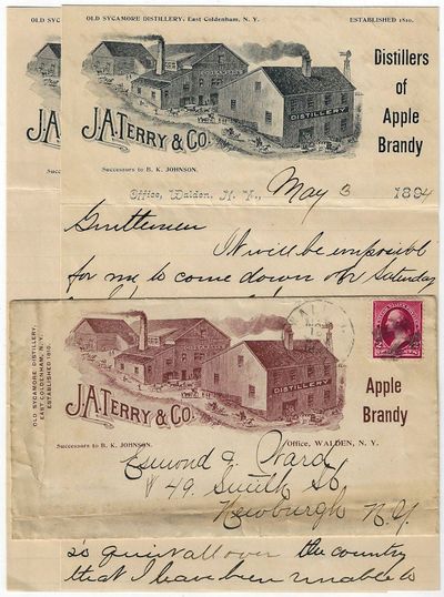 1894 – Two letters on illustrated stationery from the owner of a Hudson Valley apple brandy distillery assuring a supplier that he would make good on what he owed